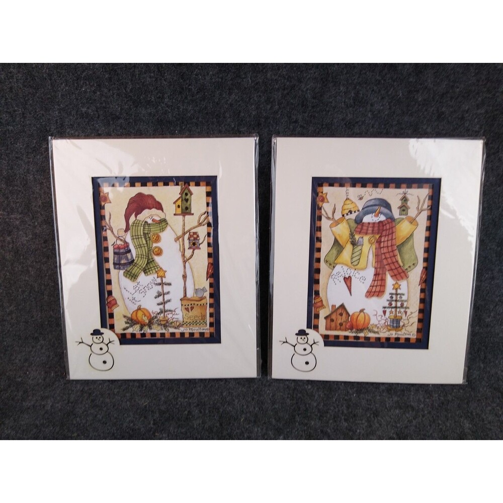 SET OF 2 Jo Moulton Folk Art Snowman Prints 8x10 Matted Rejoice Let it Snow